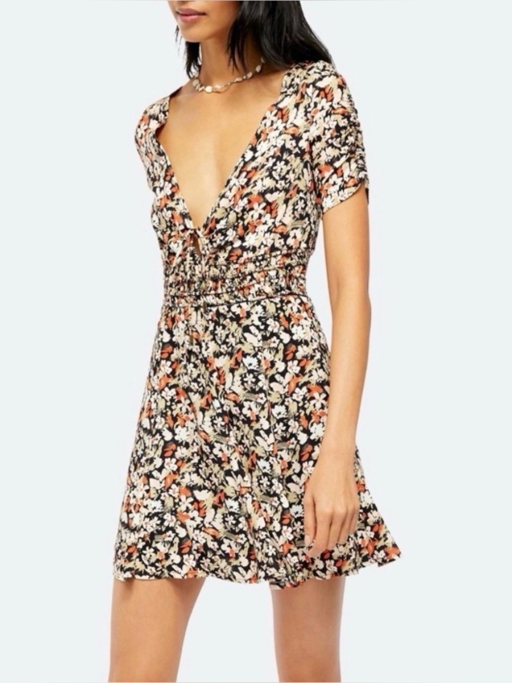 Free People Forget Me Not Mini V Neck Dress Size 4 Small Black/Orange Floral